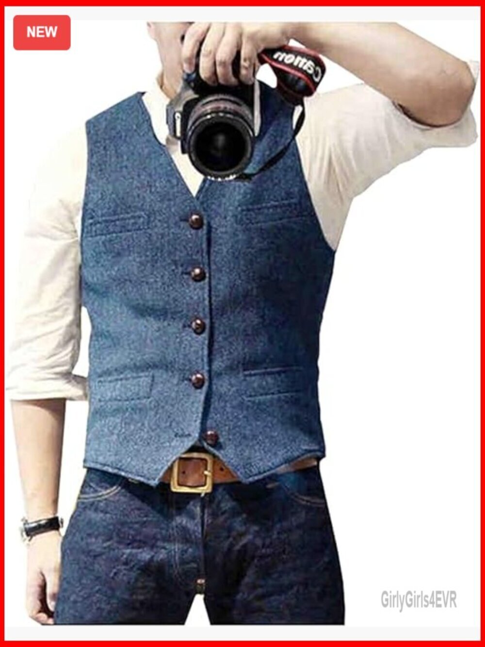 Men's Slim Fit Wool Tweed Vest V-Neck 5 Button Adjustable Back